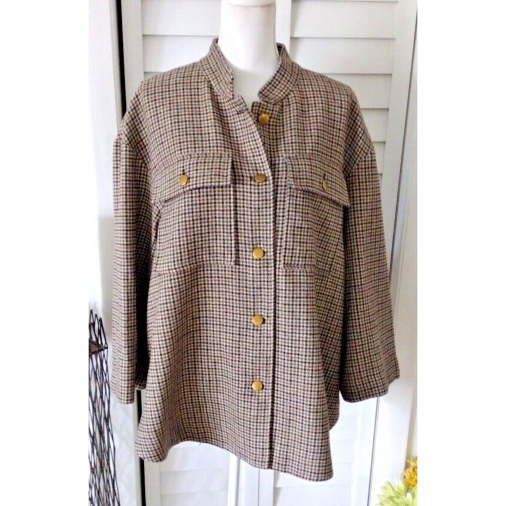 Preston & York brown tan check preppy wool button front jacket‎ women's 16 NWOT